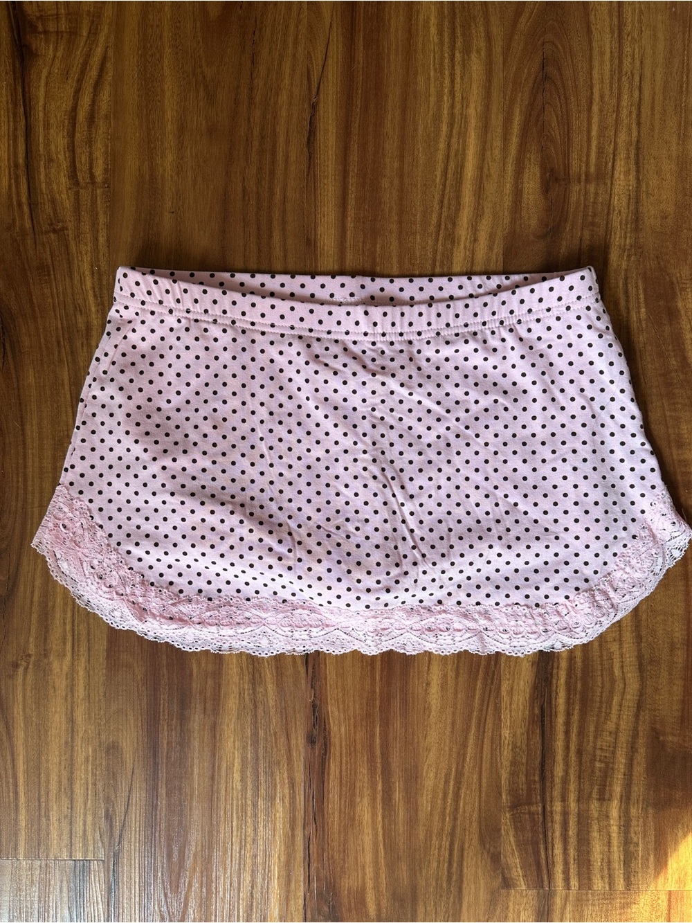 Kittenish Pink Polka Dot Mini Skirt with Lace Trim